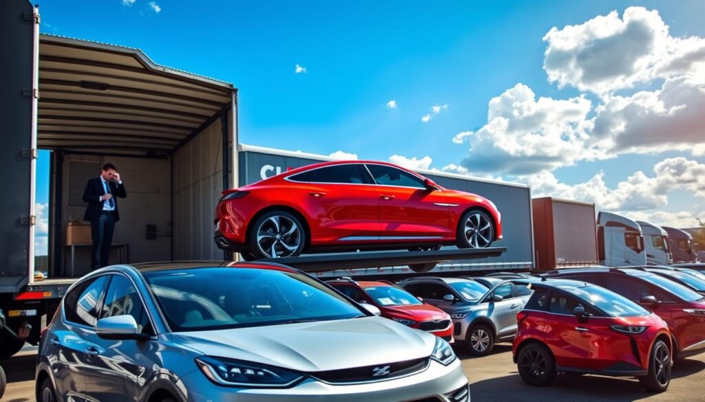 A busy car shipping yard during daylight, showcasing a mix of vehicles lined up for transport. In the foreground, a sleek red car is being loaded onto a large, open-air transport truck, with a professional driver in business attire carefully overseeing the process. In the middle ground, multiple cars are parked beside the truck, including SUVs and sedans, creating a sense of variety. The background features a blue sky dotted with fluffy white clouds, emphasizing a bright and optimistic mood. The scene is well-lit with natural sunlight, casting soft shadows that enhance the details of the vehicles. The overall atmosphere is one of efficiency and professionalism, reflecting the reliability involved in car shipping logistics.