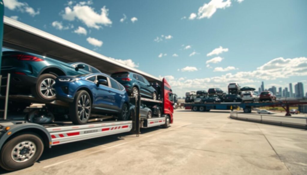 A busy car shipping yard during the day, showcasing a contrasting scene between local and national car transport. In the foreground, a sleek, well-maintained local transport truck features several cars securely loaded, with a focus on a shiny blue sedan and a compact SUV. In the middle ground, a larger national shipping carrier is depicted, emphasizing numerous vehicles stacked and ready for long-distance transit. The background presents a clear blue sky with scattered clouds, and distant silhouettes of city buildings, representing urban life. The scene is bright, illuminated by natural sunlight, capturing the hustle and bustle of car logistics. The overall mood is professional and dynamic, emphasizing efficiency and the contrast in scale between local and national transport methods.