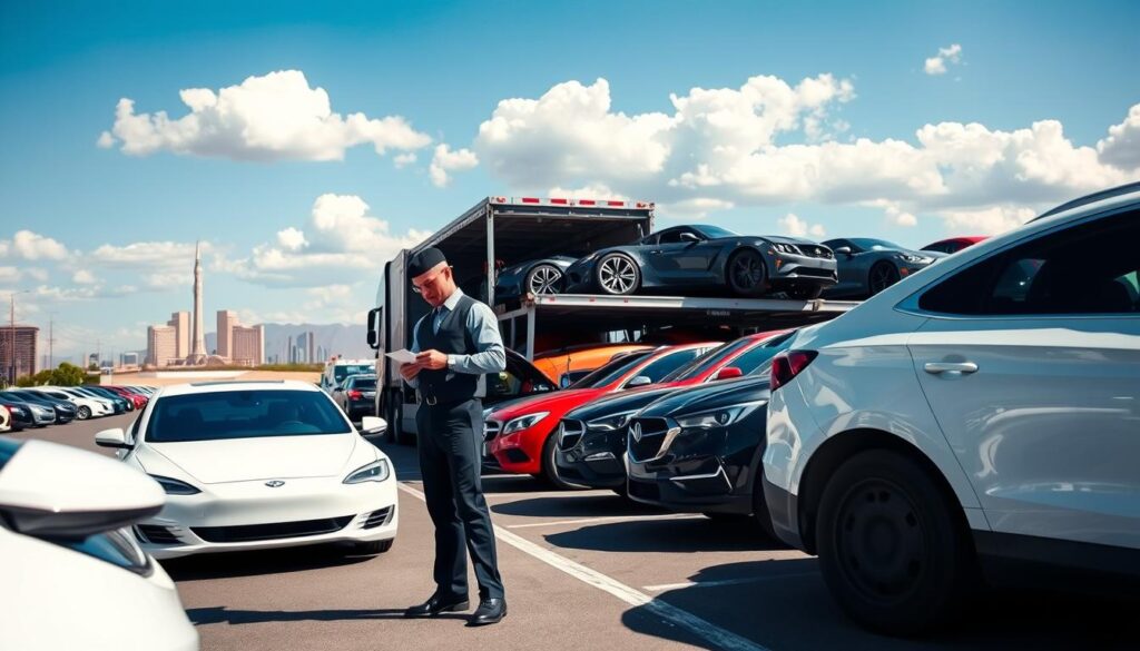 A busy car shipping yard during the day, showcasing a row of vibrant, freshly washed cars ready for transport. In the foreground, a professional truck driver in a crisp uniform inspects a sleek sedan, while a transport truck loaded with multiple cars awaits on the side. In the middle ground, various types of vehicles are organized neatly, illustrating different models and colors, demonstrating the auto transport process. The background features a blue sky with fluffy white clouds, and the distant outline of Las Vegas landmarks to signify the origin of shipping. The scene is brightly lit with sunlight, casting soft shadows, creating an energetic yet organized mood that captures the essence of car shipping logistics.