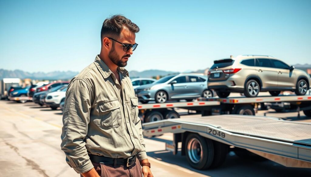 A busy car shipping yard during the day, showcasing a variety of vehicles ready for transport, such as sedans and SUVs, lined up on spacious flatbed trucks. In the foreground, a professional driver in modest casual clothing, inspecting a car, conveys a sense of diligence and confidence. The midground features several flatbed trucks, their ramps lowered with vehicles secured and covered. The background highlights a clear blue sky and distant mountains, symbolizing the journey from Austin to Denver. Bright natural sunlight casts soft shadows, enhancing the scene's vividness. The atmosphere is industrious yet calm, emphasizing the efficiency and reliability of car shipping services.