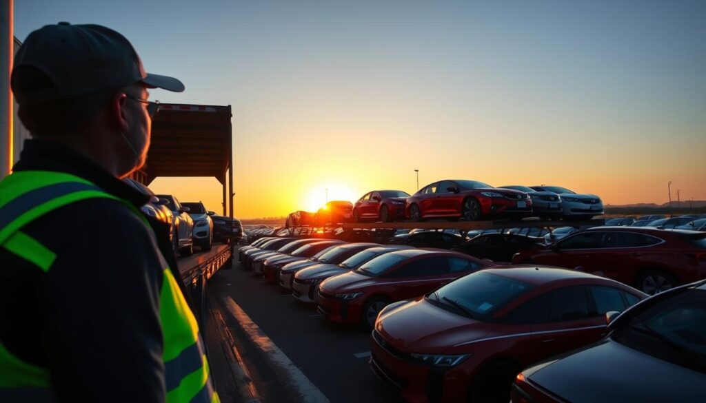 A busy car shipping yard during the golden hour, with a variety of new cars in vibrant colors lined up, ready for transport. In the foreground, a professional truck driver, wearing a safety vest and cap, inspects the vehicles. The middle ground features a large, open car carrier trailer loaded with neatly organized cars, showcasing the efficiency of the shipping process. In the background, a clear blue sky transitions into warm sunset hues, giving a serene yet industrious atmosphere. The lighting is soft, enhancing the shiny surfaces of the vehicles. This scene captures the logistics of car transportation, emphasizing the evaluation of options in a well-coordinated shipping environment.