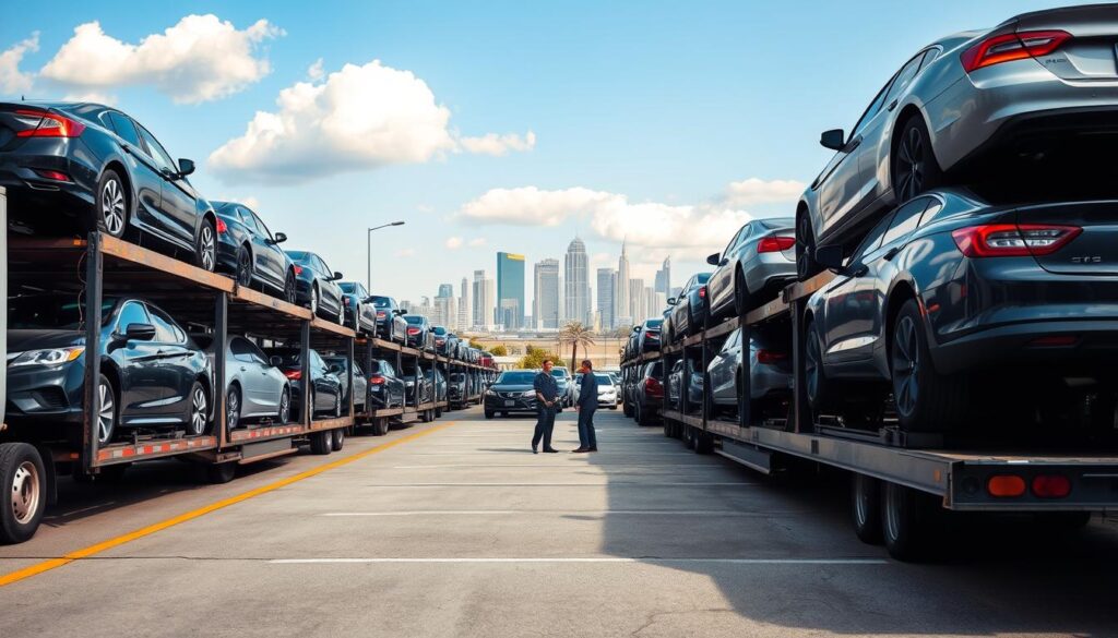 A busy car shipping yard in Los Angeles, filled with a variety of vehicles ready for transport. In the foreground, a large car carrier truck with a variety of cars loaded on it, including sedans and SUVs, showcasing the logistics of car shipping. In the middle ground, workers in professional attire manage the loading and unloading process, emphasizing the business aspect. The background features the iconic Los Angeles skyline under a bright blue sky with a few fluffy clouds, capturing the vibrant atmosphere of the city. Soft, natural lighting illuminates the scene, giving a sense of activity and efficiency. The angle is slightly elevated, providing a broad view of the yard and its operations, reflecting the theme of shipping cars effectively.