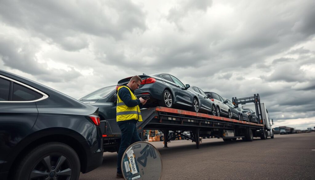 A busy car shipping yard on a cloudy day, showcasing various vehicles lined up on a large transport trailer. In the foreground, a professional worker wearing a safety vest inspects a car, while the middle ground features the trailer loaded with cars, some shiny and new, others slightly weathered. The background displays a vast sky filled with gray clouds, signifying an approaching storm, hinting at weather conditions that can affect shipping timelines. Soft, diffused lighting enhances the atmospheric feel, while a slight angle from a low perspective emphasizes the scale of the trailer and vehicles. The overall mood conveys a sense of urgency and diligence in the face of looming weather challenges.