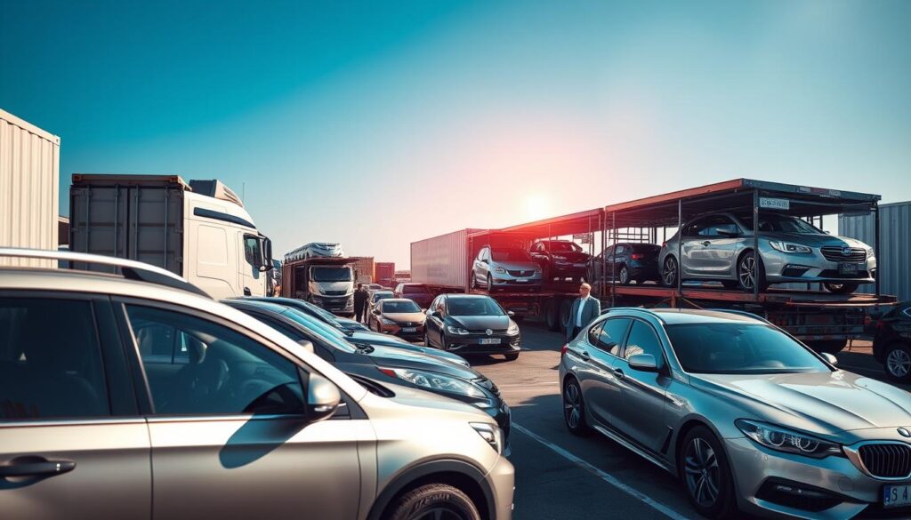 A busy car shipping yard showcasing a fleet of vehicles being loaded onto large transport trucks. In the foreground, a transport truck is parked alongside a line of diverse cars, including SUVs and sedans, with workers dressed in professional business attire handling the logistics. The middle ground features another truck in the process of being loaded with cars, surrounded by equipment like ramps and shipping containers. In the background, a clear blue sky casts warm sunlight over the scene, enhancing the feeling of a productive day. The atmosphere is bustling yet orderly, reflecting the fundamentals of auto transport, with a focus on efficiency and professionalism. The angle captures the depth of the shipping yard, highlighting the scale of the operation, with a slight low-angle perspective for a dynamic viewpoint. A busy car shipping yard showcasing a fleet of vehicles being loaded onto large transport trucks. In the foreground, a transport truck is parked alongside a line of diverse cars, including SUVs and sedans, with workers dressed in professional business attire handling the logistics. The middle ground features another truck in the process of being loaded with cars, surrounded by equipment like ramps and shipping containers. In the background, a clear blue sky casts warm sunlight over the scene, enhancing the feeling of a productive day. The atmosphere is bustling yet orderly, reflecting the fundamentals of auto transport, with a focus on efficiency and professionalism. The angle captures the depth of the shipping yard, highlighting the scale of the operation, with a slight low-angle perspective for a dynamic viewpoint.