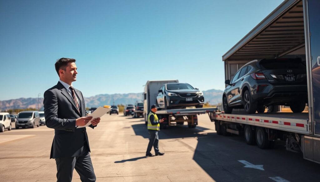 A busy car shipping yard, with several vehicles lined up on large transport trailers. In the foreground, a professional wearing a smart business suit is inspecting a car, clipboard in hand, with a focused expression. In the middle, a large transport truck is loading cars, showcasing the vehicle transport process in action, while two additional workers in uniform are securing vehicles for shipment. The background features a clear blue sky and distant mountains, typical of California's landscape, enhancing the regional context. The scene is well-lit with bright sunlight, creating a vibrant atmosphere suggesting efficiency and organization. The image should be captured from a slightly elevated angle, providing a comprehensive view of the shipping process, showcasing the professionalism and complexity of vehicle transport.