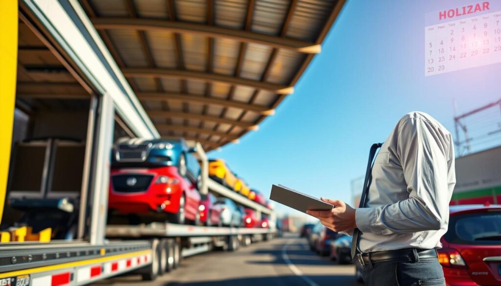 A busy car transport depot during peak holiday season, showcasing a variety of cars being loaded onto trucks. In the foreground, a neatly dressed professional overseeing the operation, clipboard in hand, examines a shipment schedule. The middle ground features several car haulers lined up, loaded with cars in vibrant colors, reflecting the seasonal demand. In the background, a clear blue sky hints at a sunny day, while a calendar with holiday dates is subtly depicted on the warehouse wall, suggesting time-sensitive logistics. The scene is well-lit with natural sunlight illuminating the activity, creating an energetic and bustling atmosphere. The perspective captures the organized chaos of the auto transport industry during peak demand periods.