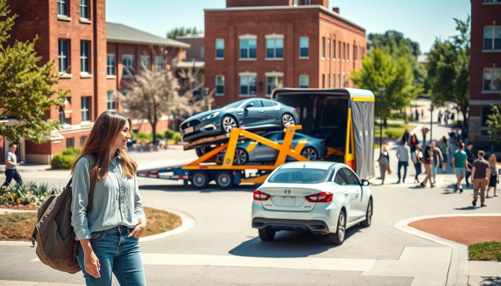A busy college campus scene depicting a car shipping logistics area in the foreground, where two students in modest casual clothing are discussing the process of shipping a car. In the middle ground, a colorful car carrier truck is being unloaded, showcasing various vehicles destined for the campus. The background features a picturesque college campus with brick buildings, trees, and students walking around, creating an energetic and youthful atmosphere. The lighting is bright and natural, indicative of a sunny day, enhancing the vibrant colors of the cars and campus. The angle is slightly elevated, capturing the hubbub of activity while focusing on the students and the car carrier, conveying a sense of practical convenience and excitement for new college experiences.