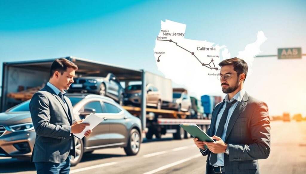 A busy logistics hub representing cross-country car shipping from New Jersey to California. In the foreground, a professional man in business attire examines a clipboard beside a shiny, parked car ready for transport. The middle layer features a trailer loaded with multiple cars secured for shipping, showcasing the careful arrangements. Behind them, a large map of the United States highlights the New Jersey to California route, emphasizing the distance and logistics involved. The background includes dynamic scenes of trucks on the highway and a clear blue sky, symbolizing movement and efficiency. The lighting is bright and natural, suggestive of a sunny day, creating a productive and organized atmosphere. The image embodies professionalism and the meticulous planning necessary for safe auto transport.