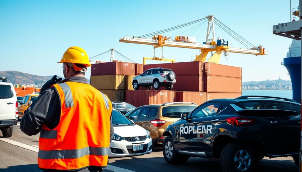 A busy shipping port scene showcasing several large vehicles, such as cars, trucks, and SUVs, being loaded onto cargo ships. In the foreground, a professional worker in a safety vest and hard hat oversees the loading process, ensuring everything is secure. The middle ground features large shipping containers stacked neatly, with a crane in action, lifting a container towards the deck of a ship. In the background, a clear blue sky contrasts with the vibrant colors of the vehicles, while distant hills and a city skyline add depth. The lighting is bright and natural, suggesting a sunny day, creating an atmosphere of bustling activity. Use a wide-angle lens to capture the scale and energy of the scene, focusing on the integration of vehicles and shipping operations.