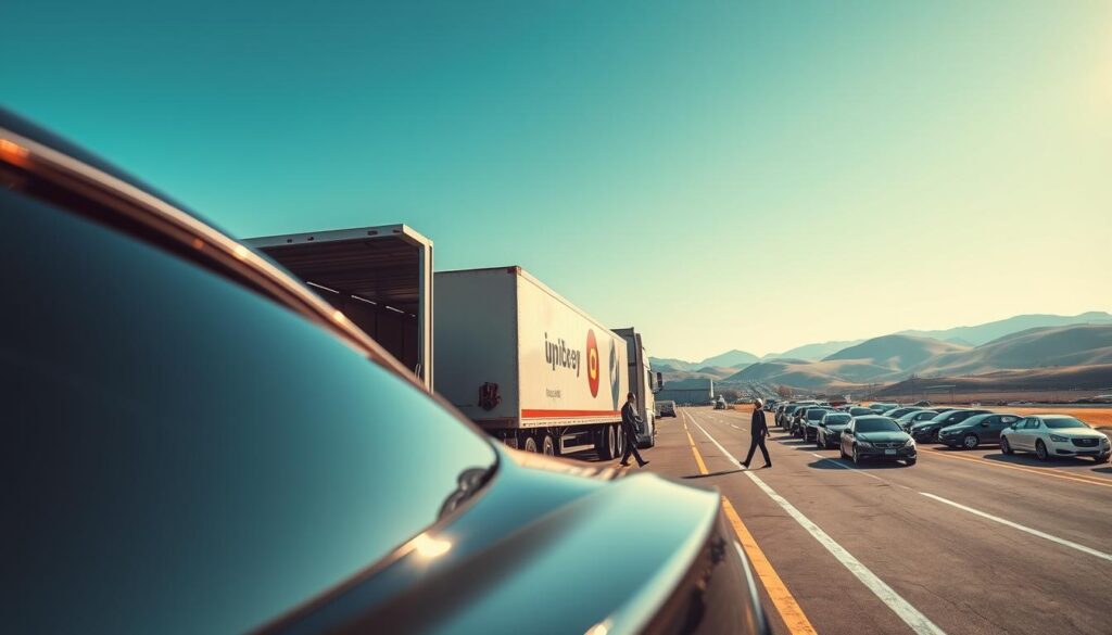 A busy shipping terminal in Raleigh, showcasing a sleek, modern car being loaded onto a transport trailer. In the foreground, the car is detailed, featuring a glossy finish reflecting the sunlight. The middle ground shows workers in smart business attire efficiently arranging vehicles, while a truck with a large shipping logo drives through. In the background, gentle rolling hills can be seen, under a bright, clear blue sky, suggesting a warm, optimistic atmosphere. The scene is captured with a wide-angle lens to emphasize the scale of the terminal and the numerous vehicles lined up, with soft, natural lighting highlighting the bustling activity of shipping cars from Raleigh to Dallas. A busy shipping terminal in Raleigh, showcasing a sleek, modern car being loaded onto a transport trailer. In the foreground, the car is detailed, featuring a glossy finish reflecting the sunlight. The middle ground shows workers in smart business attire efficiently arranging vehicles, while a truck with a large shipping logo drives through. In the background, gentle rolling hills can be seen, under a bright, clear blue sky, suggesting a warm, optimistic atmosphere. The scene is captured with a wide-angle lens to emphasize the scale of the terminal and the numerous vehicles lined up, with soft, natural lighting highlighting the bustling activity of shipping cars from Raleigh to Dallas.