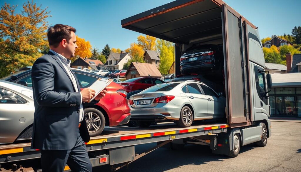A busy small town car shipping terminal, showcasing a diverse array of cars loaded onto a large, open truck. In the foreground, a professional in business attire stands and inspects a vehicle, clipboard in hand, demonstrating the logistics of car shipping. The middle ground features several tightly packed cars of various colors and styles, all securely fastened on the transport truck. In the background, the small town skyline is visible, with quaint houses, shops, and vibrant trees under a clear blue sky. The scene is bathed in natural sunlight, creating a bright and optimistic mood, with the focus on efficiency and professionalism. The angle captures the scale of the terminal, emphasizing the logistical aspects of car shipping from a small town.