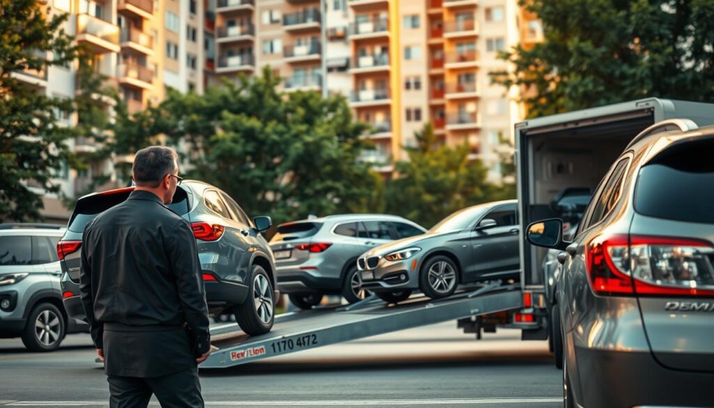 A busy urban apartment complex with a variety of vehicle types being loaded onto a car shipping truck. In the foreground, a professional vehicle transport driver, dressed in a neat uniform, is guiding a SUV onto the transport vehicle’s ramp. In the middle ground, the car shipping truck is parked with several cars securely loaded and ready for transport. Lush greenery surrounds the apartment buildings in the background, providing a contrast to the metallic hues of the vehicles. The scene is set during golden hour, casting warm, soft light that highlights the details of the cars and the truck. The atmosphere is bustling yet organized, reflecting a seamless car shipping process. Capture this dynamic from a slightly elevated angle to emphasize the movement and depth of the scene.