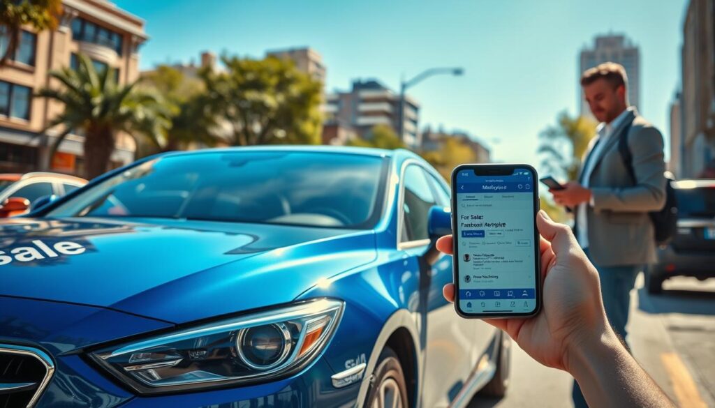A busy urban setting featuring a car listed on Facebook Marketplace, emphasizing the transaction process. In the foreground, a sleek sedan is parked with a 'For Sale' sign on the windshield, showcasing its brilliant blue color and polished exterior. A friendly seller, dressed in smart casual attire, stands beside the car, engaging with a potential buyer who is examining the vehicle with a look of interest. In the middle ground, a smartphone is visible in the buyer's hand, displaying the Facebook Marketplace app with listings. The background features a cityscape with a clear blue sky, sunlit buildings, and trees lining the street. The lighting is bright and vibrant, creating an inviting atmosphere. The angle is slightly angled to capture both the car and the interaction, conveying a sense of trust and community in online transactions.