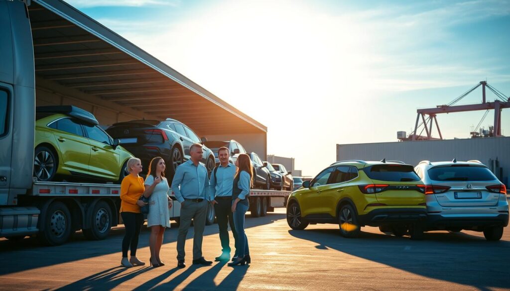 A busy vehicle shipping yard at sunrise, showcasing a variety of cars being loaded onto a large transport truck. In the foreground, a family of four is standing together, dressed in smart casual clothing, discussing the shipping process with a professional shipping agent. The middle ground features the transport truck with several cars in vibrant colors, secured and ready for transport. In the background, a large shipping container and loading cranes can be seen against a clear blue sky, with warm sunlight illuminating the scene. The mood is optimistic and organized, conveying a sense of confidence and professionalism in the car shipping process. The scene is captured from a slightly elevated angle to emphasize the activity and scale of the operation.