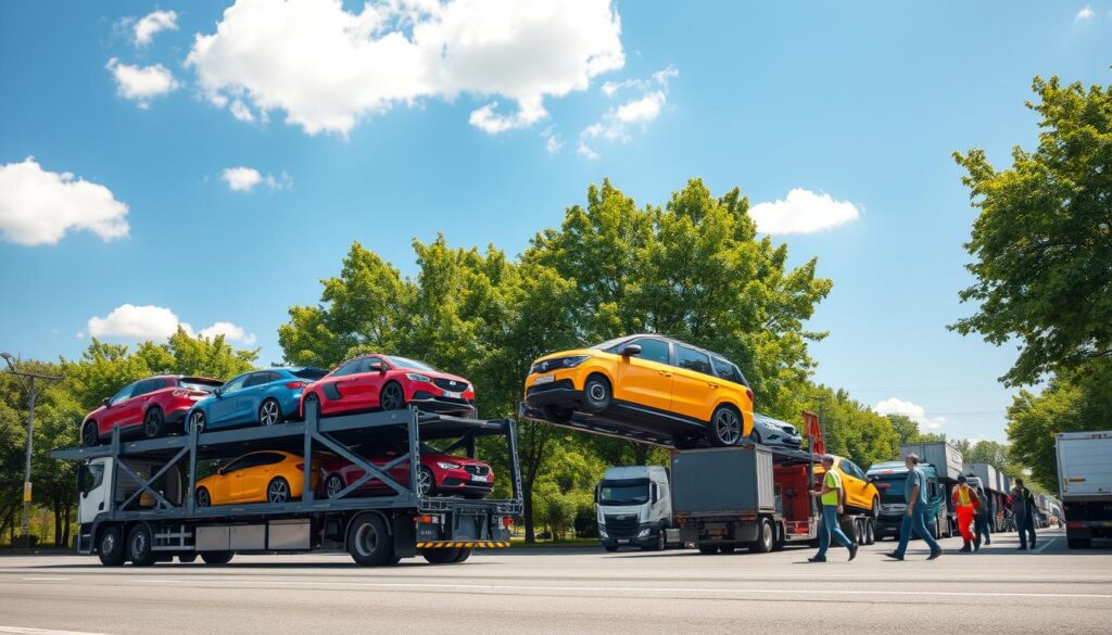 A busy vehicle transport scene set during a sunny summer day. In the foreground, a modern car carrier truck is loaded with several cars, showcasing a range of bright colors like red, blue, and yellow. The middle ground features a bustling logistics yard with workers in professional outfits coordinating the shipment, emphasizing teamwork and efficiency. Lush green trees line the background, with a clear blue sky dotted with a few fluffy white clouds, suggesting a pleasant summer atmosphere. Soft, warm sunlight casts gentle shadows, enhancing the vivid colors of the vehicles and environment. Capture the scene from a slightly elevated angle, focusing on the dynamic action and the vehicles to convey the theme of timely transport strategies during the summer season.