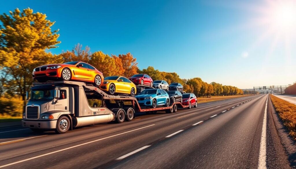 A car shipping scene illustrating the transport of vehicles from New Jersey to Florida. In the foreground, a sleek car carrier truck, featuring a diverse selection of cars securely loaded, showcasing vibrant colors and pristine conditions. In the middle ground, a wide, open highway lined with green trees and hints of autumn foliage, evoking the transition from the colder Northeast to the sunny South. In the background, a clear blue sky radiates daylight, enhancing the transport theme with warm, inviting tones. The scene is depicted from a slightly elevated angle, with a focus on the carrier truck and its cargo. The mood is optimistic and professional, capturing the essence of car shipping for snowbirds moving to a warmer climate.