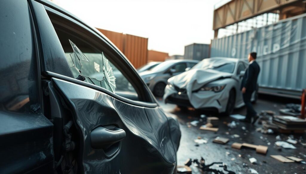 A close-up view of a damaged car in a shipping yard, showcasing a crumpled side door and shattered window, with scattered debris around. In the foreground, highlight the intricate details of the car’s dented metal and cracked glass illuminated by natural light. The middle ground includes other vehicles being processed for shipment, some with protective coverings, creating a sense of chaos in a logistics environment. In the background, a shipping container and a few workers in professional attire inspecting the damage, emphasizing the hustle of a shipping yard. The mood is tense and serious, reflecting the implications of vehicle damage during transportation. The angle is slightly low, focusing on the damaged car while capturing the surrounding environment in a well-composed frame.