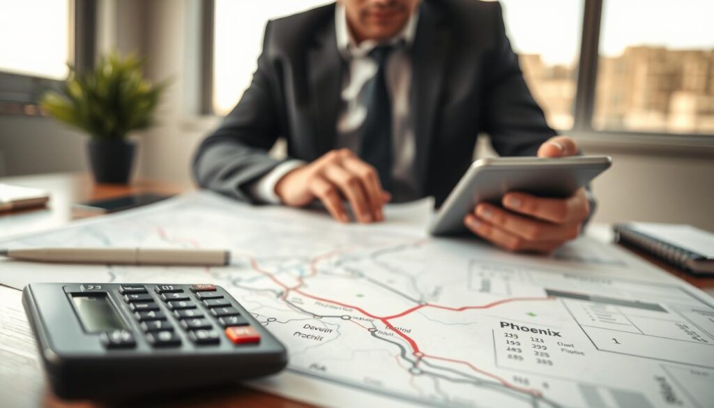 A close-up view of a professional looking at a detailed map and cost estimate documents on a desk while using a calculator to understand shipping costs. The foreground features a sharp focus on the calculator, map, and cost estimate sheets, emphasizing numbers and routes from Denver to Phoenix. In the middle ground, a person is portrayed in business attire, examining the documents with a thoughtful expression. The background shows a window with a soft, natural light filtering through, casting gentle shadows and enhancing the atmosphere of contemplation and analysis. The overall mood is focused and professional, reflecting the seriousness of shipping a vehicle.