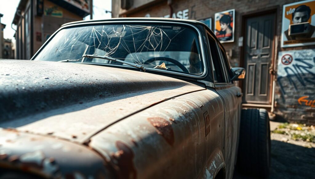 A close-up view of an inoperable vehicle, parked in a sunlit alley, with rusted bodywork and flat tires. The foreground shows a detailed view of the car's hood with peeling paint and cracked headlights, capturing the wear and tear of neglect. In the middle, the vehicle’s windows are dusty, partially covered with a spider web, evoking a sense of abandonment. The background features an urban environment with graffiti-covered walls and faded posters, adding a gritty feel to the scene. Soft, natural lighting filters through, creating dramatic shadows that enhance the mood of desolation and abandonment. The angle is slightly tilted, emphasizing the car's immobility and the passage of time. The atmosphere is somber, inviting viewers to reflect on the story behind the inoperable vehicle.