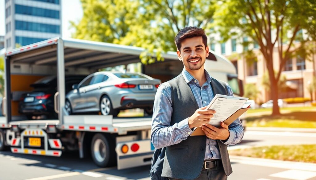 A college student standing next to a reliable auto transport truck in a sunny, welcoming environment. In the foreground, the student, dressed in a smart casual outfit, looks confidently at the camera, holding a clipboard with car shipping details. The middle ground features the auto transport truck, showcasing its professional design with multiple cars secured in the back, emphasizing safety and reliability. In the background, a university campus is visible, with green trees and modern buildings, creating an academic atmosphere. The lighting is bright and natural, suggesting a positive day. The angle captures both the student and the transport truck, highlighting the importance of secure car shipping for students transitioning to college life. The mood is optimistic and focused on responsibility.