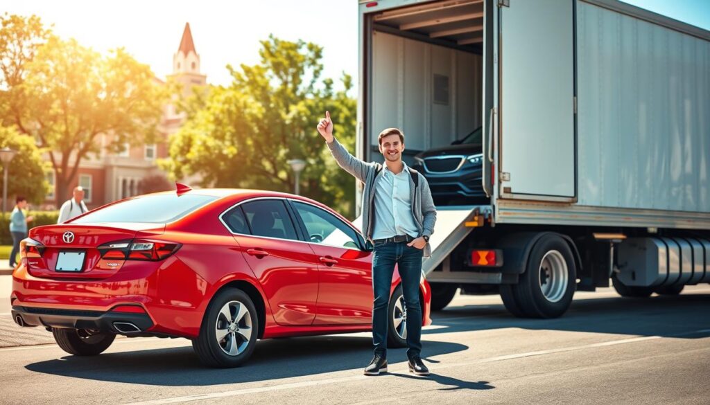 A college student standing next to a transport truck, excited and ready to ship their car. The foreground features a well-maintained sedan with a vibrant color parked next to the truck. In the middle, the transport truck is illustrated with an open ramp, showcasing the safe and careful loading of vehicles. The background includes a busy college campus with trees and buildings, creating an academic environment. Bright, natural lighting casts soft shadows, suggesting a sunny day. The student is dressed in smart casual clothing, expressing a sense of anticipation and responsibility. The overall mood should convey safety, reliability, and the joy of starting a new journey.