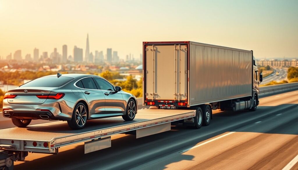 A comprehensive view of vehicle transport basics, showcasing a sleek, modern car being loaded onto a flatbed truck in the foreground, symbolizing local car transport. In the middle ground, a larger transport truck is seen driving on a highway, illustrating national shipping. The background features a vibrant city skyline and a vast stretch of road, representing the network of transport options. Warm, natural lighting casts gentle shadows, giving the scene a dynamic yet professional feel. The angle is slightly elevated, allowing for a full view of both the local and national transport options. The mood conveys clarity and efficiency in vehicle transport logistics, emphasizing understanding and accessibility.