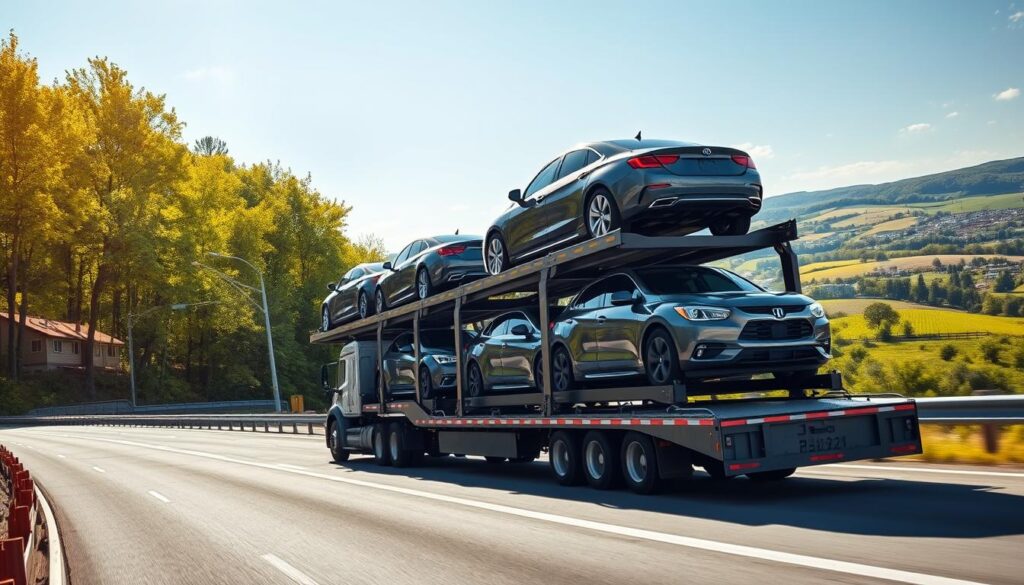 A cross-state vehicle shipping scene showcasing a large, sturdy transport truck designed to haul multiple cars. In the foreground, the truck smoothly drives along a scenic highway flanked by lush green trees and rolling hills under a clear blue sky. The middle ground features several cars securely loaded onto the double-decker transport, reflecting the sunlight with gleaming surfaces. The background portrays a vibrant landscape, perhaps a small town or farmland visible in the distance, enhancing the sense of a journey. The lighting is bright and natural, evoking a sense of freshness and optimism. The overall mood is one of professionalism and reliability, illustrating the process of transporting vehicles safely across state lines.