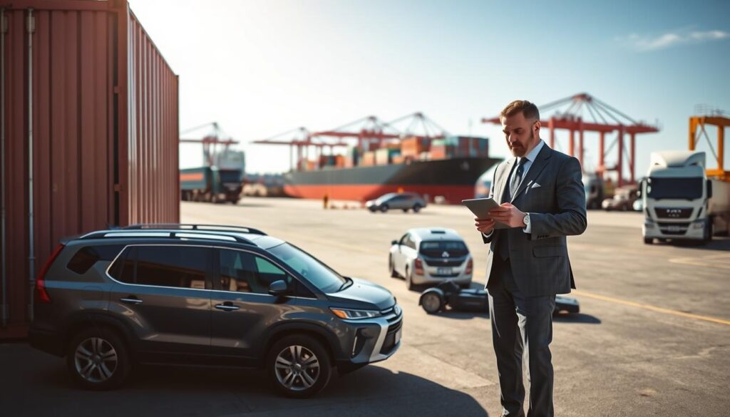 A detailed analysis of car shipping costs, focusing on how vehicle size influences pricing. In the foreground, a professional-looking man in business attire examines a large vehicle, like an SUV, beside a shipping container, using a tablet to calculate estimates. The middle ground features various vehicle sizes, including a sedan, hatchback, and larger trucks, with labels signifying their dimensions subtly illustrated. The background showcases a shipping yard bustling with activity: cargo ships and trucks ready to transport vehicles under bright, natural daylight. The atmosphere is and informative, suggesting a business environment, with soft shadows enhancing the scene’s depth, captured with a slight depth of field effect to emphasize the vehicle sizes.