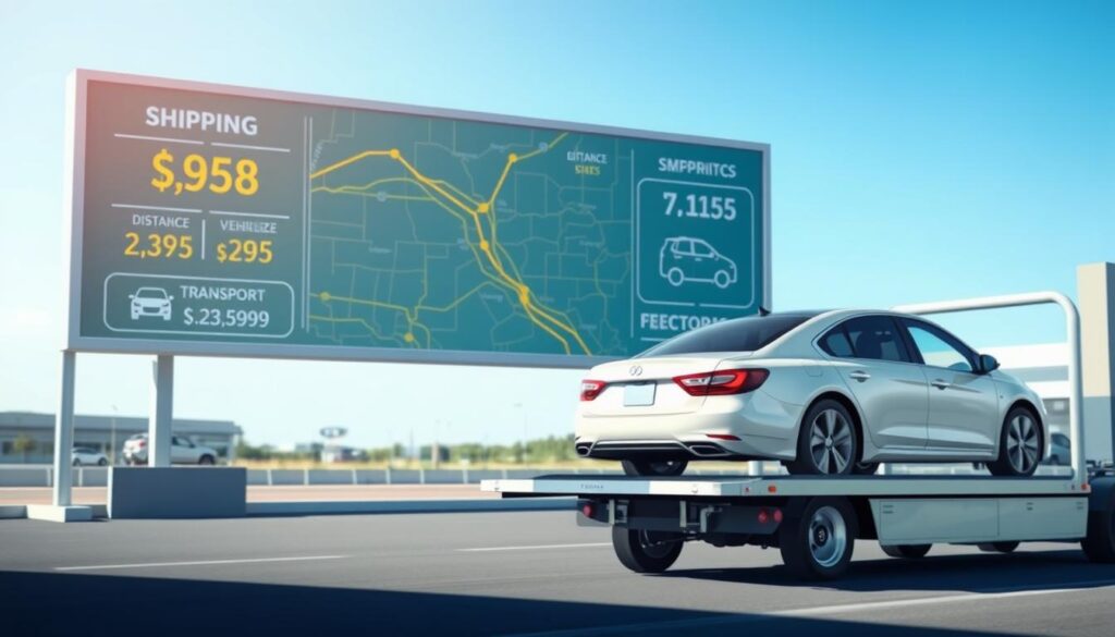 A detailed and informative illustration on vehicle shipping costs, focused on a map with highlighted routes and shipping logistics. In the foreground, a modern car is shown on a car carrier truck, symbolizing transportation. The middle ground features a digital display board showcasing various shipping prices and icons representing different factors like distance, vehicle size, and transport method. The background has a clear blue sky and a distant view of a car dealership to provide context. The lighting is bright and natural, emphasizing clarity and professionalism. The camera angle is slightly elevated, giving a comprehensive view of the scene. The overall mood is analytical and informative, ideal for educating readers on the factors influencing shipping costs.