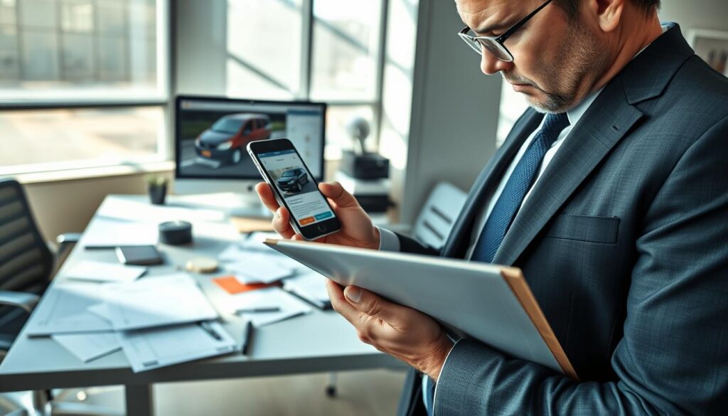 A detailed and informative scene depicting the auto transport claims process. In the foreground, a professional-looking individual in business attire examines a clipboard with a concerned expression, while a smartphone is in their other hand displaying images of a damaged vehicle. In the middle ground, a modern office setting is visible, with a large table cluttered with documents related to auto transport claims, including forms and a computer showing an online chat with customer service. The background features a large window with natural light streaming in, casting soft shadows across the scene. The atmosphere is serious and focused, conveying the importance of handling claims efficiently and effectively, with a cool color palette to enhance professionalism.