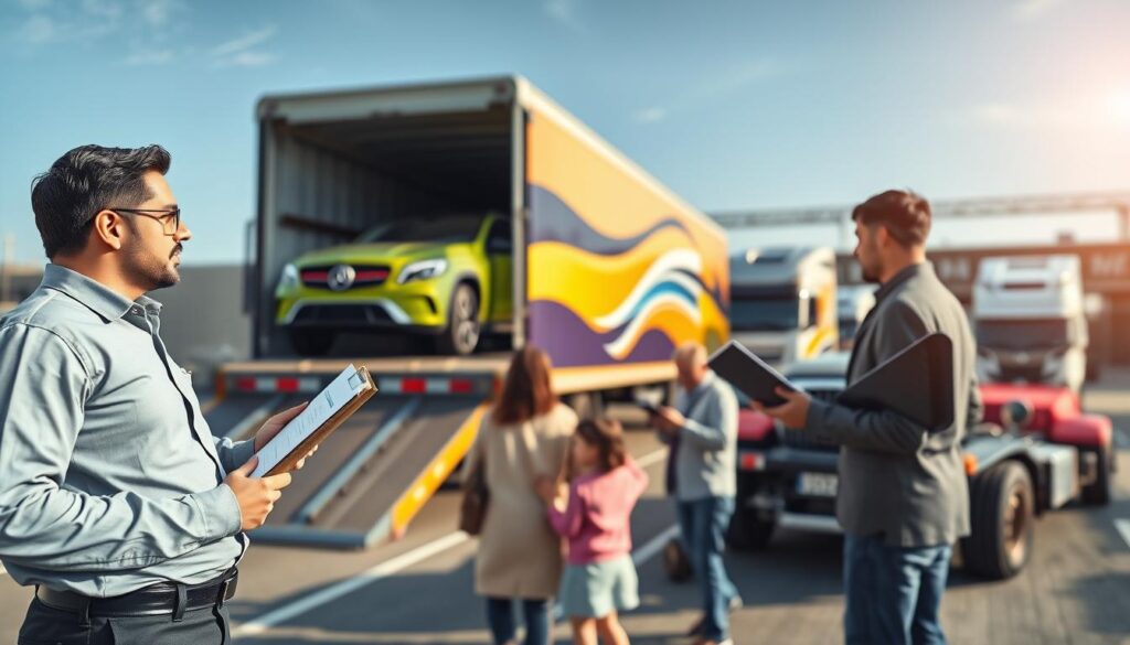 A detailed and informative scene depicting the concept of car shipping insurance. In the foreground, a confident insurance agent in professional attire, clipboard in hand, discusses shipping options with a family next to a car being loaded onto a transport truck. The middle ground features a vibrant, modern car transport truck, showcasing securely loaded vehicles, symbolizing safety and reliability. In the background, a clear blue sky complements a busy loading yard filled with other shipping trucks and vehicles, creating a sense of urgency and professionalism. Soft, natural lighting enhances the visibility of the scene, while the angle captures the action from slightly above, inviting the viewer to engage with the topic. The atmosphere is informative yet approachable, reflecting the significance of understanding car shipping insurance.