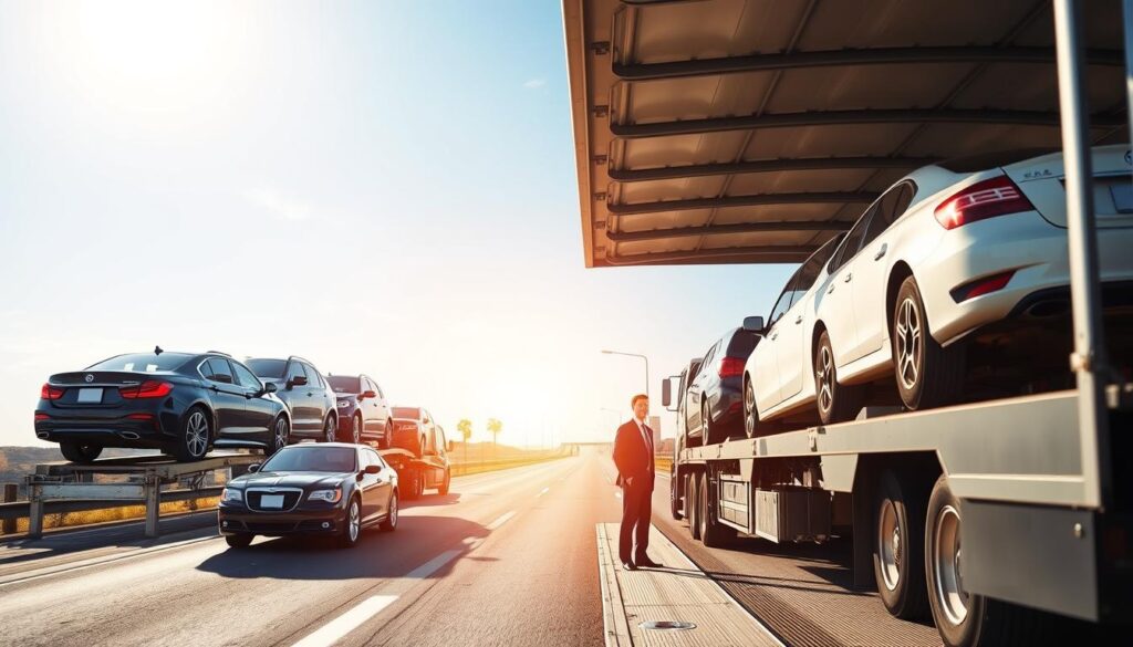 A detailed and informative scene illustrating the vehicle transport process. In the foreground, a large car carrier truck, loaded with various vehicles, showcases a mix of sedans and SUVs, all securely fastened. In the middle ground, a transport loading area features professional staff in smart business attire efficiently managing the loading of cars onto the carrier. To the background, a wide-open highway leads towards a sunny sky, symbolizing the journey from Kansas to Florida, with palm trees visible in the distance to represent the destination. The lighting is bright and clear, evoking a sense of efficiency and safety. The angle is slightly elevated, providing a comprehensive view of the process, ensuring an atmosphere of professionalism and trustworthiness.