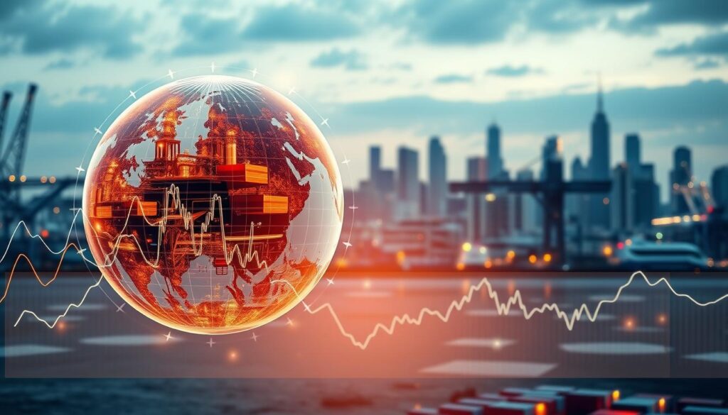 A detailed and informative visualization of global oil markets and freight rates. In the foreground, an abstract representation of fluctuating freight rates is illustrated with dynamic graphs and arrows, conveying movement and change. The middle ground features an intricate globe with oil refineries and cargo ships depicted in a vibrant color palette, symbolizing the global trade of oil. In the background, a city skyline showcases modern architecture shrouded in a soft, warm light, representing economic activity influenced by oil prices. Use a wide-angle lens effect for depth, with a focus on clarity and vibrancy. The overall mood is professional and enlightening, emphasizing the interconnectedness of fuel prices and freight costs in a financial context.