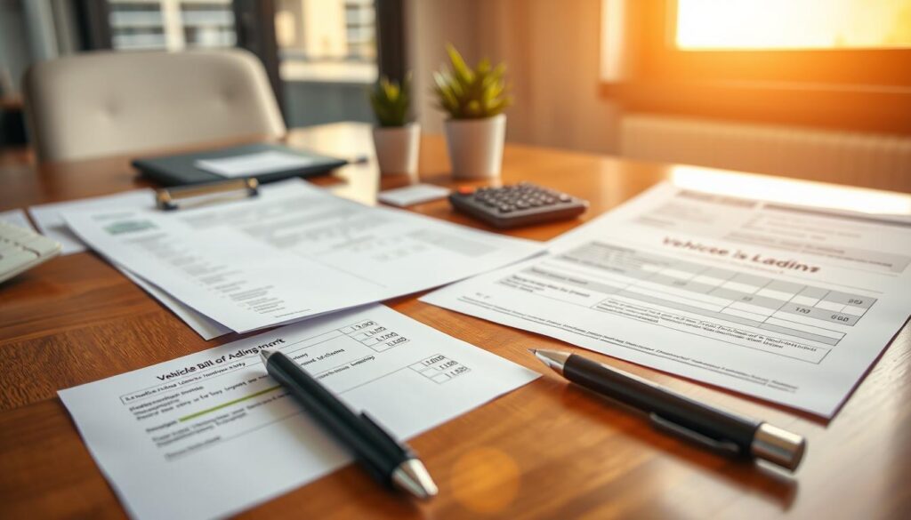A detailed and organized layout of vehicle transport paperwork, spread out on a polished wooden desk. In the foreground, focus on crisp documents including a Vehicle Bill of Lading, an Invoice, and an Insurance Declaration, with neatly printed text and checkboxes. The middle ground features a sleek black pen beside the paperwork, along with a calculator and a small potted plant for an organized look. In the background, softly blurred, is a window letting in warm natural light, highlighting the texture of the papers. The overall atmosphere is one of professionalism and clarity, evoking the importance of documentation in vehicle transport logistics. No people are depicted, ensuring a clean focus on the paperwork.