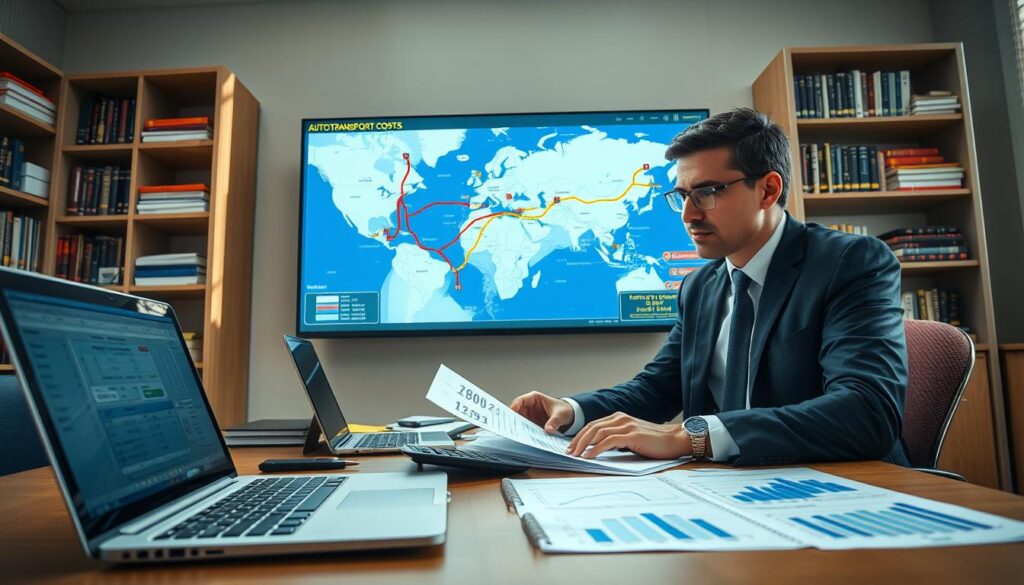 A detailed and organized workspace depicting the process of estimating auto transport costs. In the foreground, a professional individual in business attire is analyzing charts and graphs on a neatly arranged desk with a laptop, a calculator, and a notepad filled with numbers. The middle layer features a large digital screen displaying a map with various routes and estimated transport costs highlighted in different colors. In the background, there are shelves filled with reference books on logistics and transportation. The lighting is bright and inviting, with sunlight streaming in through a window, creating a productive atmosphere. The angle is slightly elevated, providing a clear view of the workspace while emphasizing the individual’s focus on the task.