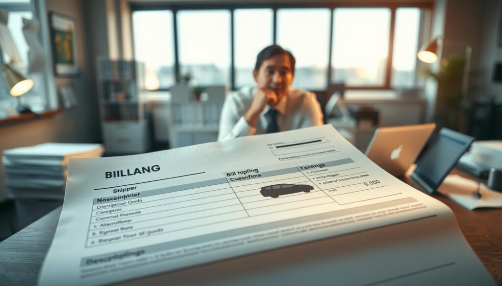 A detailed and realistic bill of lading document prominently placed in the foreground, showing sections like 'Shipper', 'Consignee', and 'Description of Goods' with faint outlines of a car silhouette. In the middle ground, an office scene with a professional in formal attire reviewing the document, deep in thought. The background features a soft-focus desk filled with office supplies, a laptop open with shipping software visible, and a large window letting in natural light, casting gentle shadows. The atmosphere should convey a sense of diligence and professionalism, with warm, inviting lighting to enhance focus and clarity on the bill of lading. The angle should be slightly above eye level, capturing the essence of careful review in a practical workspace.