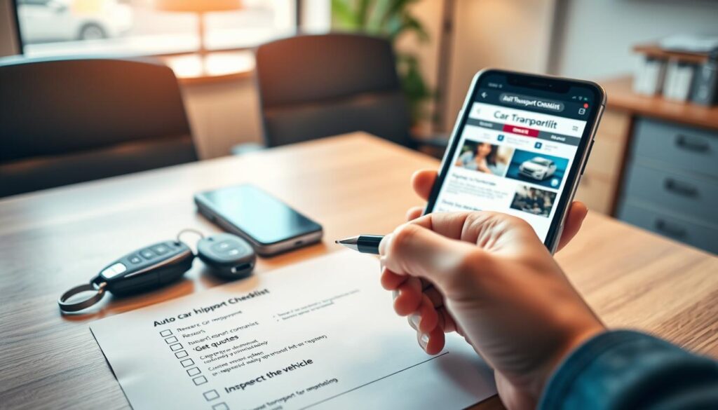 A detailed auto transport checklist displayed prominently on a clean, wooden desk, showcasing items like 'Research car shipping companies,' 'Get quotes,' and 'Inspect the vehicle.' In the foreground, a person's hand is holding a pen, poised over the checklist, illustrating the act of preparing for car shipping. In the middle, neatly organized car keys and a smartphone displaying a transport company webpage hint at the planning process. The background features a softly blurred office environment with warm lighting, creating a focused yet relaxed atmosphere. Use a shallow depth of field for clarity, highlighting the checklist while gently fading the background for a professional look. The overall mood is one of organization and readiness, suitable for anyone preparing to ship their vehicle.