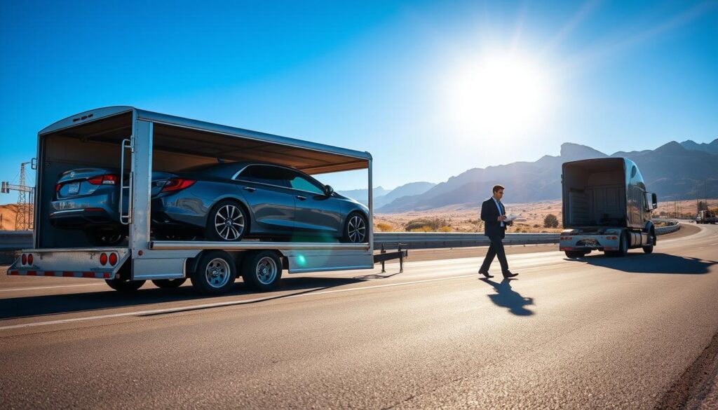 A detailed auto transport process scene set in a bright, sunny day. In the foreground, an enclosed car transport trailer loaded with a shiny sedan, its reflective surface catching the light. The middle ground features a transport company truck, with a driver in a professional business attire reviewing paperwork beside the vehicle. Behind them, a clear blue sky stretches above, with distant mountains hinting at the route from Sacramento to Las Vegas. Soft shadows cast by the sun add depth to the scene. A subtle lens flare enhances the warmth of the atmosphere, conveying a sense of professionalism and trust in the auto transport industry. The focus is sharp, emphasizing the process's efficiency and reliability without any distractions.