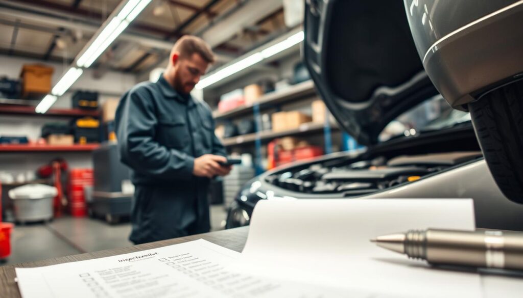 A detailed automotive inspection scene in a well-lit garage, focusing on a mechanic inspecting a used car. In the foreground, the mechanic, wearing a professional uniform, is checking the vehicle's engine with diagnostic tools, highlighting the importance of vehicle inspection protocols. In the middle ground, an inspection checklist can be partially seen on a workbench, featuring items like tires, brakes, and fluid levels. In the background, shelves stocked with tools and equipment create a busy yet organized atmosphere. Soft fluorescent lighting illuminates the scene, casting a warm glow, while the angle is slightly overhead, providing a comprehensive view of the inspection process. The mood is professional and focused, emphasizing the meticulous nature of vehicle preparation before transport. A detailed automotive inspection scene in a well-lit garage, focusing on a mechanic inspecting a used car. In the foreground, the mechanic, wearing a professional uniform, is checking the vehicle's engine with diagnostic tools, highlighting the importance of vehicle inspection protocols. In the middle ground, an inspection checklist can be partially seen on a workbench, featuring items like tires, brakes, and fluid levels. In the background, shelves stocked with tools and equipment create a busy yet organized atmosphere. Soft fluorescent lighting illuminates the scene, casting a warm glow, while the angle is slightly overhead, providing a comprehensive view of the inspection process. The mood is professional and focused, emphasizing the meticulous nature of vehicle preparation before transport.