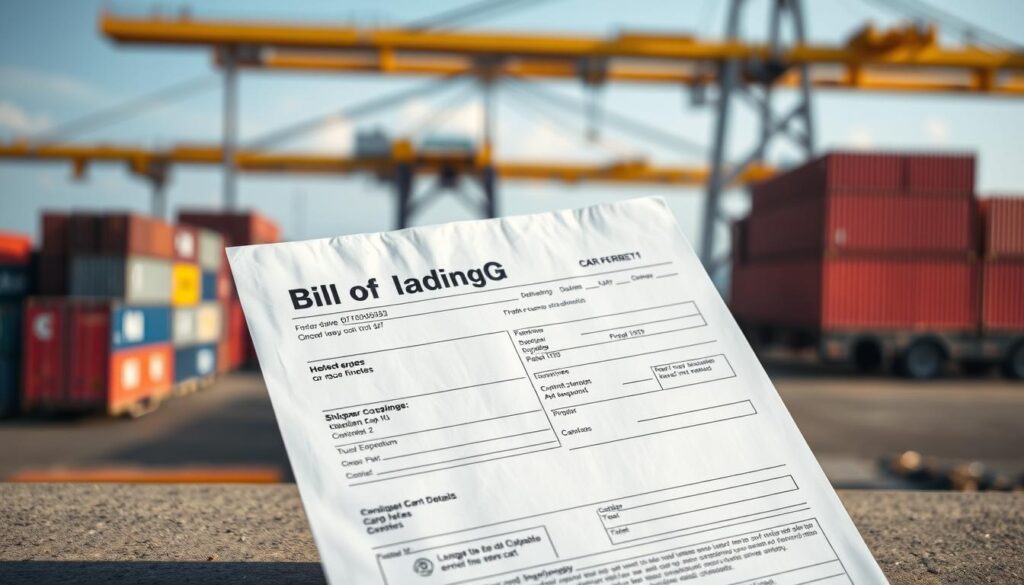 A detailed bill of lading document prominently displayed in the foreground, featuring structured sections for shipper, consignee, and cargo details. In the middle ground, a blurred background of a busy shipping dock with cargo containers and a loading crane, capturing the essence of logistics. The scene is well-lit with natural daylight, highlighting the textures of the paper and ink of the bill of lading while casting soft shadows on the surface beneath. The angle of the shot should be slightly overhead, focusing on the document’s intricate layout. The overall atmosphere is professional and focused, conveying the importance of accurate shipping documentation in car shipment processes.