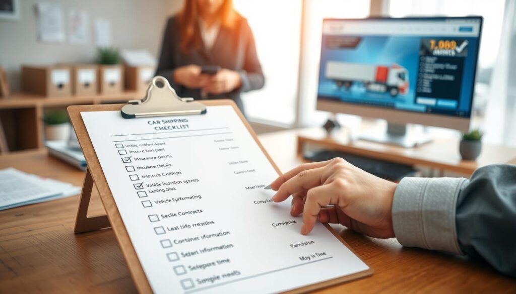 A detailed car shipping checklist displayed prominently on a clipboard set on a wooden desk. In the foreground, the clipboard features a neatly organized list with checkboxes, highlighting essential items such as "vehicle condition report," "insurance details," and "contact information." The middle of the image includes a pair of hands in professional attire, actively checking off items on the list. In the background, a well-lit office space with shipping documents and a computer monitor showing car shipping logistics adds context. Soft, natural lighting from a nearby window creates a professional and organized atmosphere, conveying a sense of preparation and care for first-time customers. The entire scene is captured with a shallow depth of field to focus on the checklist and hands.