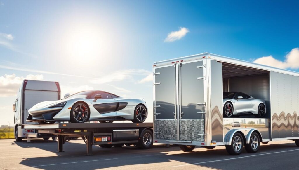 A detailed comparison between open and enclosed car transport. In the foreground, showcase two vehicles: one a sleek, modern sports car being transported on an open flatbed truck, and the other a luxurious sedan inside a shiny, enclosed trailer. The middle ground should feature the contrasting trailers, highlighting the protection of enclosed transport with reflective surfaces. The background features a sunny, blue sky with soft clouds to create an inviting atmosphere. Use natural lighting to cast subtle shadows, emphasizing the lines and contours of the vehicles. The scene should evoke a sense of professionalism and clarity, ideal for informative content. A detailed comparison between open and enclosed car transport. In the foreground, showcase two vehicles: one a sleek, modern sports car being transported on an open flatbed truck, and the other a luxurious sedan inside a shiny, enclosed trailer. The middle ground should feature the contrasting trailers, highlighting the protection of enclosed transport with reflective surfaces. The background features a sunny, blue sky with soft clouds to create an inviting atmosphere. Use natural lighting to cast subtle shadows, emphasizing the lines and contours of the vehicles. The scene should evoke a sense of professionalism and clarity, ideal for informative content.