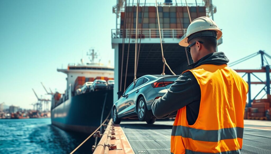 A detailed depiction of a modern car being loaded onto a large cargo ship at a bustling port. In the foreground, showcase a professional auto transport worker in a safety vest, focusing on securing the vehicle with ropes. The middle ground features the massive cargo ship with multiple vehicles visible on its deck, all resting under bright, clear blue skies that reflect a sense of efficiency and reliability. In the background, a panoramic view of San Antonio’s skyline suggests the departure point, with cranes and shipping containers enhancing the industrial atmosphere. The overall mood should be one of precision and professionalism, captured with sharp focus and natural lighting that gives a sense of a sunny day, ideal for transport.