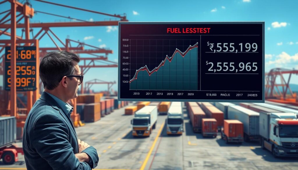 A detailed digital illustration of a car shipping logistics scene, showcasing the impact of fuel prices on shipping costs. In the foreground, a professional business person in smart casual attire examines a large digital map or chart displaying fluctuating fuel prices alongside varying car shipping costs. In the middle ground, a shipping yard filled with large transport trucks and containers, with a visible fuel price sign in the background. The atmosphere is dynamic and informative, with dramatic lighting emphasizing the tension between rising fuel prices and shipping costs. A clear blue sky symbolizes optimism despite the challenges. The image should be captured from a slightly elevated angle to provide a comprehensive view of the scene.