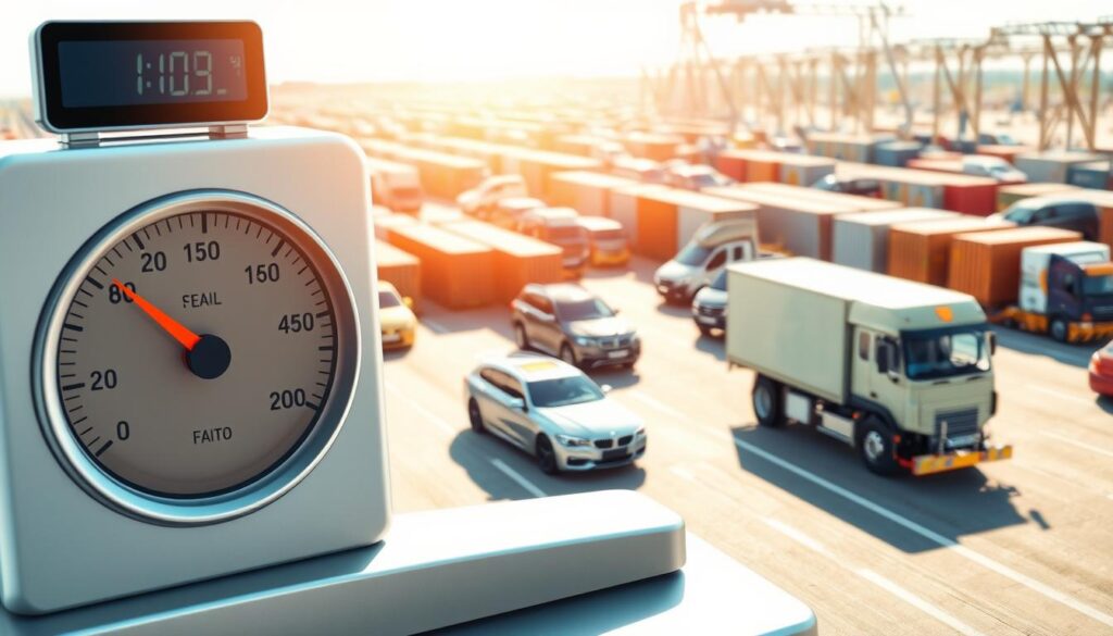 A detailed, educational illustration focusing on vehicle weight and fuel consumption in car shipping. In the foreground, a well-designed digital interface shows a weight scale and fuel gauge, indicating numbers related to vehicle specifications. In the middle ground, a variety of cars—sedans, SUVs, and trucks—are displayed, representing different weight classes. In the background, a shipping yard filled with car carriers and containers under bright daylight, emphasizing a busy logistics environment. The lighting is bright and clear, portraying a sense of clarity and transparency in shipping costs. The overall atmosphere is professional and informative, aiming to educate viewers about the impacts of vehicle weight and fuel efficiency on shipping expenses.