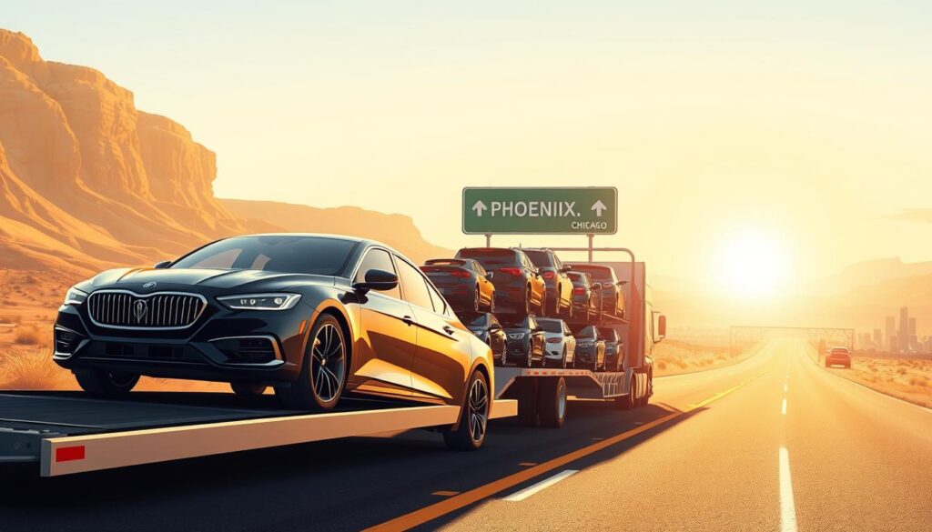 A detailed illustration depicting the concept of auto transport costs associated with shipping a car from Phoenix to Chicago. In the foreground, a sleek, modern car is shown being loaded onto a car transport truck, capturing a sense of action and professionalism. The middle ground features a semi-truck with a trailer full of cars, set against a sunlit landscape showcasing road signs pointing towards Phoenix and Chicago. The background includes arid deserts transitioning into urban cityscapes, highlighting the distance between the two cities. The image is bathed in warm golden hour lighting, creating a sense of optimism and clarity. Use a wide-angle lens effect to enhance the depth of field, giving the viewer a comprehensive view of the entire transport process. The atmosphere should feel informative yet engaging, invoking thoughts about logistics and budgeting for car shipping.