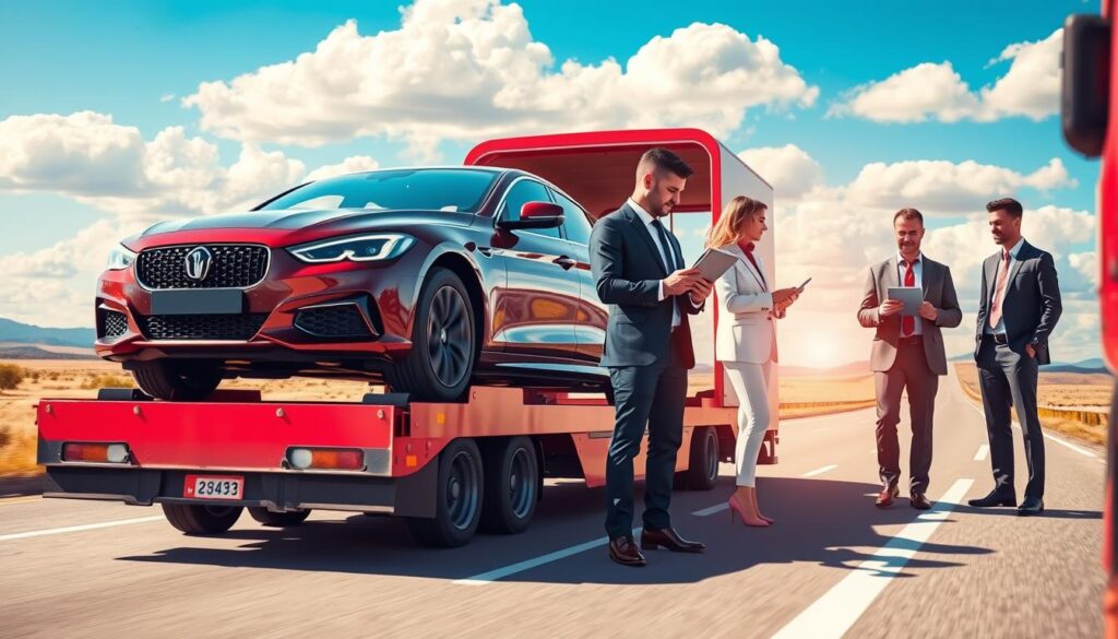 A detailed illustration of the auto transport process, focusing on car shipping costs. In the foreground, a sleek, modern car is positioned on a car hauler truck, showcasing the vehicle's sleek lines and vibrant color. The middle ground features a diverse group of professional individuals dressed in business attire, analyzing transport pricing on a tablet while discussing with each other, illustrating teamwork and expertise. In the background, a dynamic landscape of an open highway stretches into the distance, under a bright blue sky with fluffy clouds. The lighting is warm and inviting, capturing the essence of a sunny day, emphasizing clarity and professionalism. The overall mood reflects understanding and expertise in auto transport pricing, fostering a sense of trust and reliability.