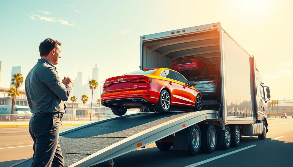 A detailed illustration of the auto transport process, showcasing a car being loaded onto a car carrier truck at a bustling transport terminal in Los Angeles. In the foreground, a professional worker in business attire is carefully securing the vehicle. In the middle ground, a bright red car is delicately positioned on the ramp of a modern, shiny car carrier, with various other vehicles visible in the truck's trailer. The background features a sunny Californian skyline and palm trees, enhancing the transport setting. The lighting is bright and inviting, capturing the vibrancy of a sunny day. The angle is slightly elevated, providing a comprehensive view of the process, evoking a sense of efficiency and professionalism in auto transport logistics. A detailed illustration of the auto transport process, showcasing a car being loaded onto a car carrier truck at a bustling transport terminal in Los Angeles. In the foreground, a professional worker in business attire is carefully securing the vehicle. In the middle ground, a bright red car is delicately positioned on the ramp of a modern, shiny car carrier, with various other vehicles visible in the truck's trailer. The background features a sunny Californian skyline and palm trees, enhancing the transport setting. The lighting is bright and inviting, capturing the vibrancy of a sunny day. The angle is slightly elevated, providing a comprehensive view of the process, evoking a sense of efficiency and professionalism in auto transport logistics.