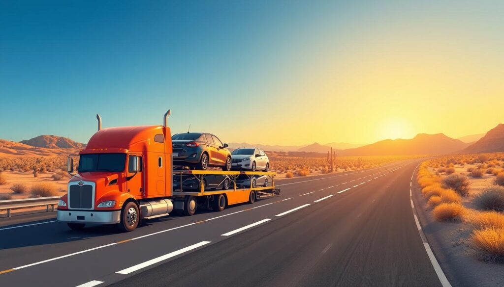 A detailed illustration of the auto transport process, showcasing a transport truck loaded with cars on a highway. In the foreground, the truck is positioned prominently, its vibrant colors contrasting against a clear blue sky. In the middle ground, various vehicles are visible on the trailer, including a sedan and an SUV secured with straps. The background features a picturesque desert landscape typical of Arizona, with rolling hills and a setting sun casting a warm golden light. The overall mood conveys a sense of efficiency and professionalism, with a slightly elevated angle to capture the full scope of the scene, focusing on the transportation aspect. No human figures are included, ensuring a clean representation of the auto transport process.