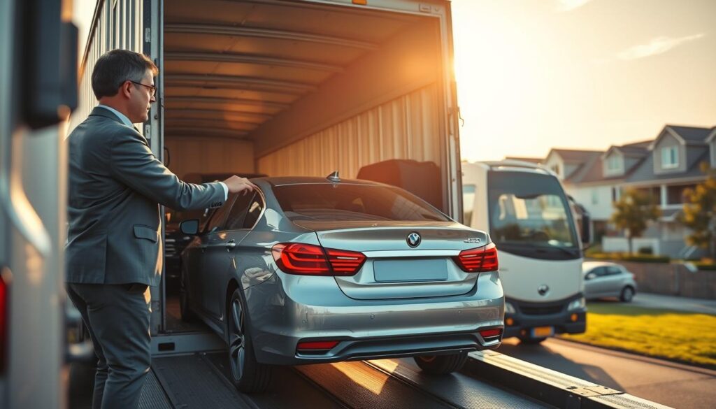 A detailed illustration of the car shipping process, showcasing a modern car being loaded onto a transport truck. In the foreground, a professional driver in business attire carefully secures the vehicle. In the middle ground, the open transport truck is filled with securely loaded cars of various models and colors, displaying a well-organized layout. The background includes a suburban neighborhood with residential houses, illustrating a typical door-to-door pick-up location. Soft afternoon sunlight casts warm tones across the scene, enhancing the sense of a reliable and efficient service. Use a wide-angle lens perspective to capture the action and create a dynamic atmosphere that conveys trust and professionalism in car transport logistics. No text or watermarks present.